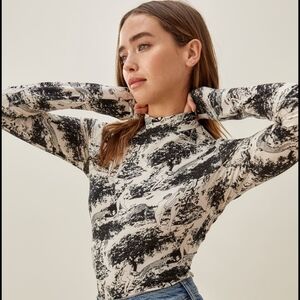 Reformation Black and Off-White Mock Neck Long Sleeve Bailey Top